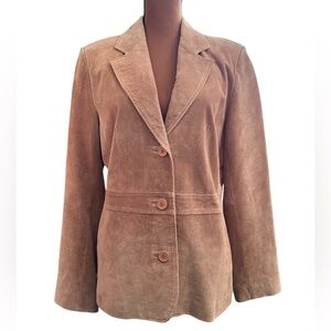 Covington tan suede button-up blazer with a retro vibe